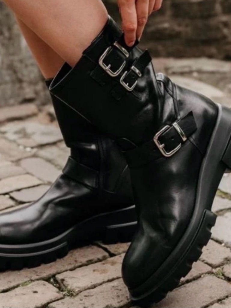 Agl The Chunky Sole Biker Leather Lug Moto Buckle Boots
